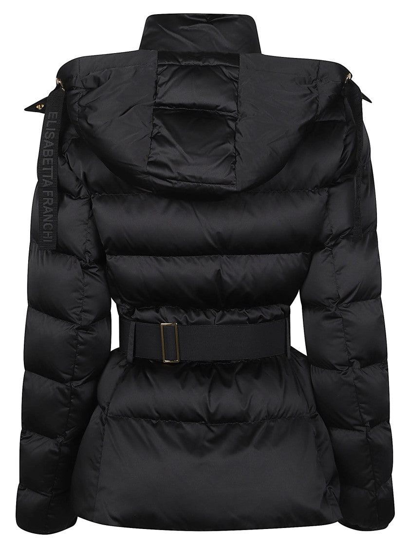 Elisabetta Franchi Black Padded Belted Hooded Polyester Jacket