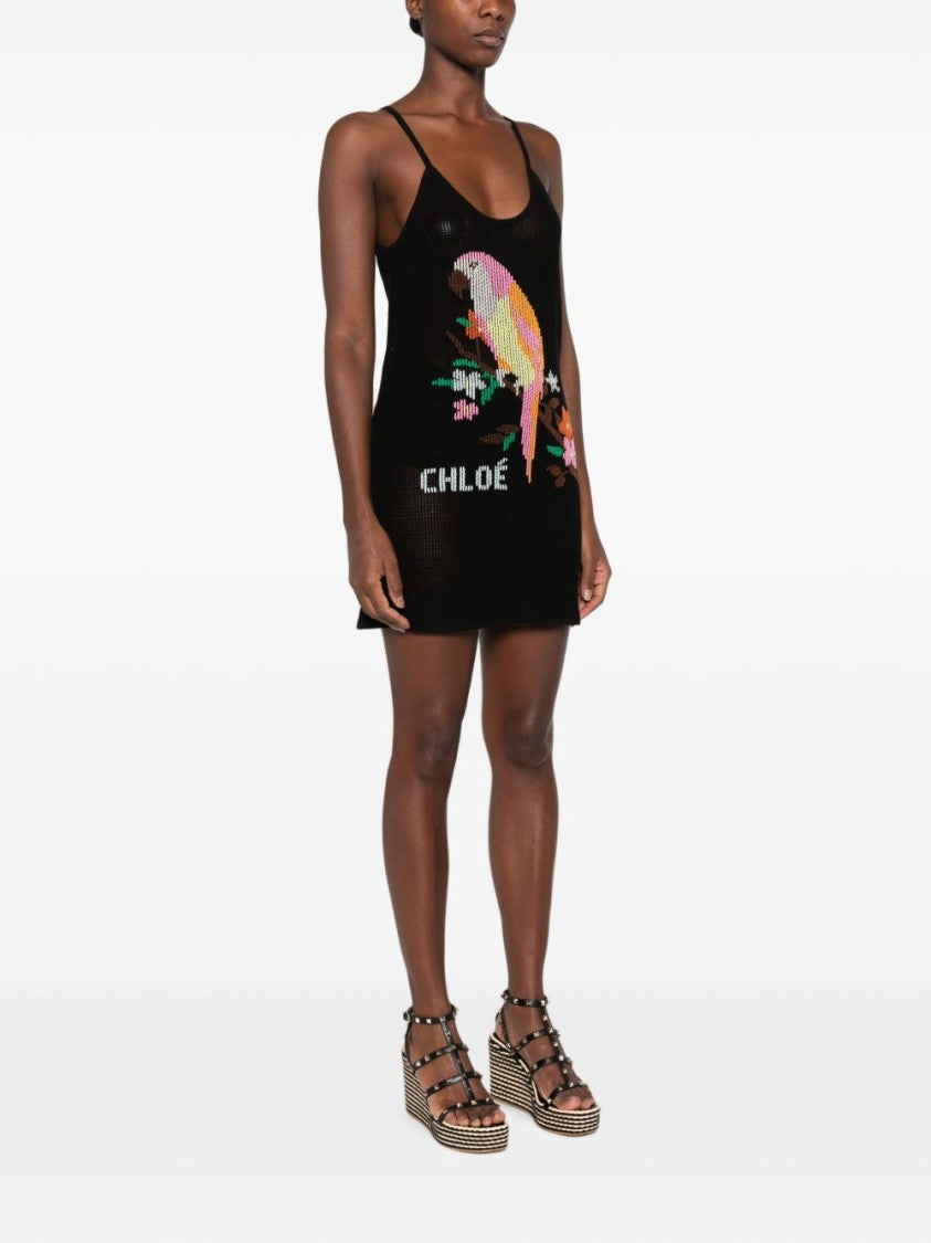 Chloé Black Parrot Design Mini Knit Dress