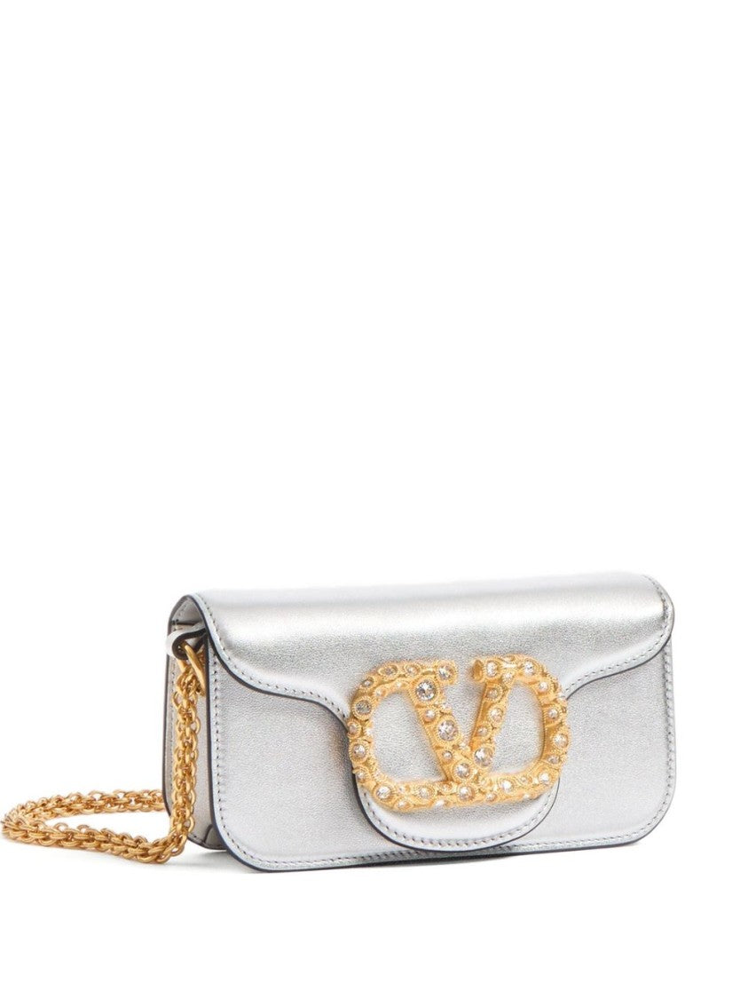 Valentino Garavani Silver Rectangular Gold Logo Chain Strap Handbag