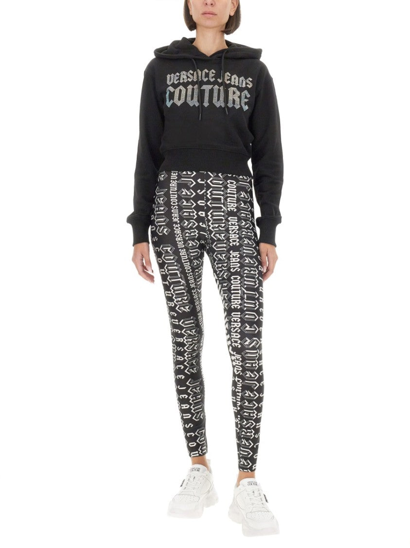 Versace Jeans Couture Cropped Black Sweatshirt With Hood And Logo Detail