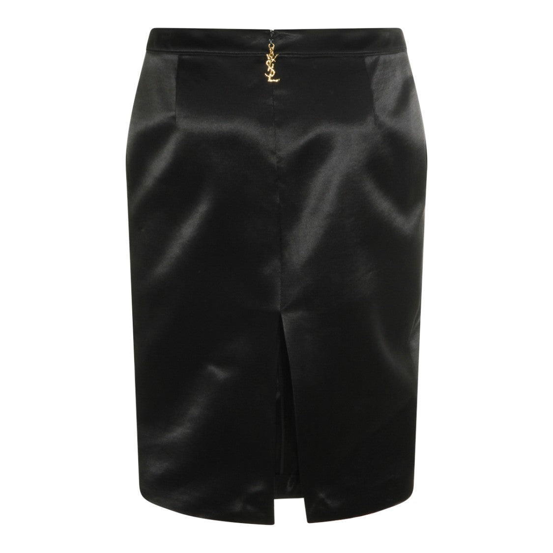 Saint Laurent Satin Finish Black Skirt With Pleated Waistband And Back Slit