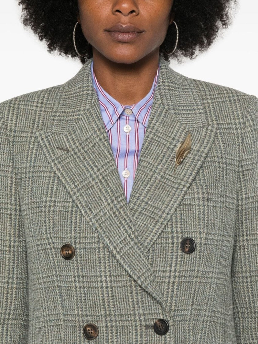 Golden Goose Grey Virgin Wool Check Pattern Double-Breasted Jacket