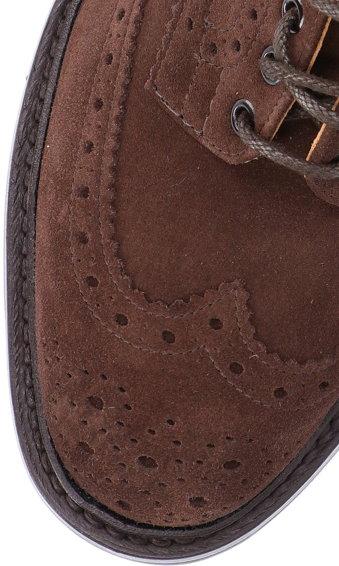 Tricker's Brogue-Style Suede Flat Shoes With Wingtip Accents