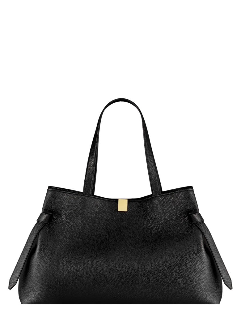 Yuzefi Sculpted Black Leather Tote Bag With Gold-Tone Clasp Detail