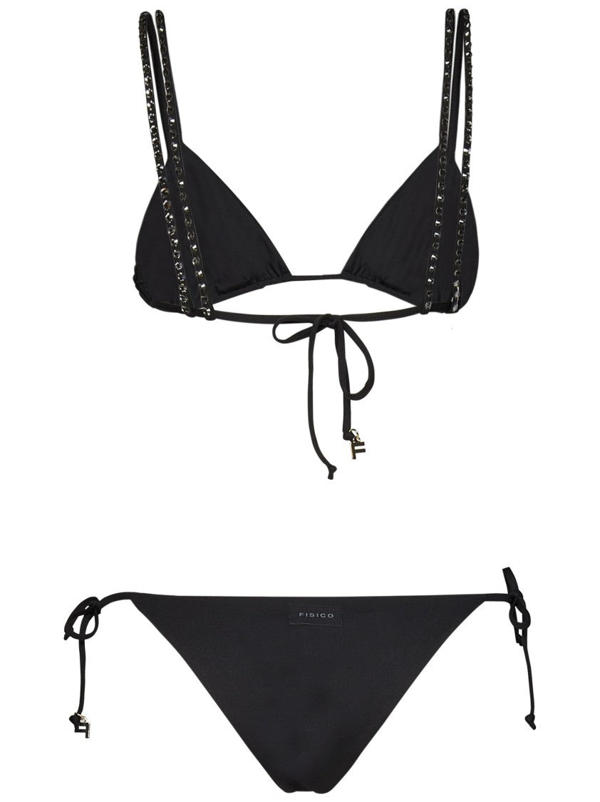 Fisico Microfiber Black Bikini With Crystal-Embellished Shoulder Straps