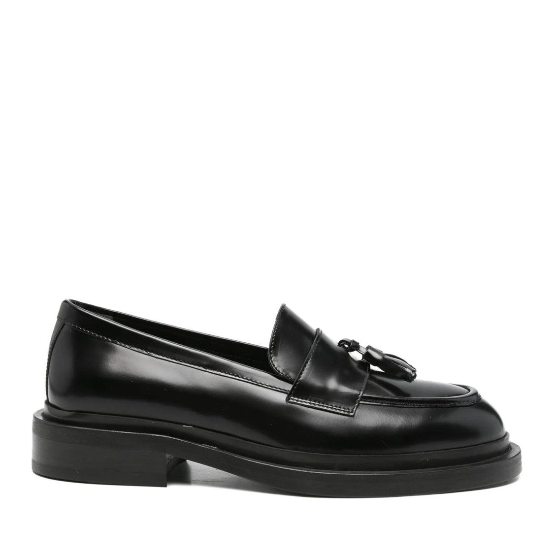 Adrianna Feretti Black Polished Decorative Tassels Leather Loafers