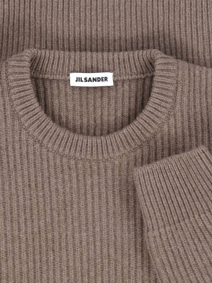 Jil Sander Brown Crewneck Ribbed Wool Sweater
