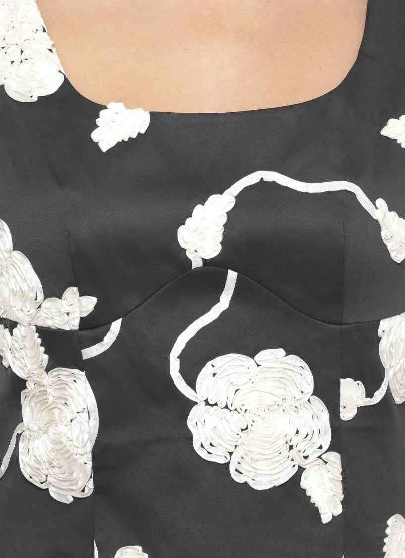 Rotate Fitted Black 3D Floral Mini Dress With Crew Neck