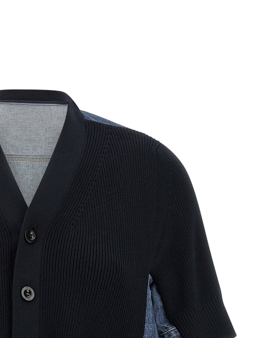 Sacai Flared Cotton Denim Cardigan With Knitted Front Insert