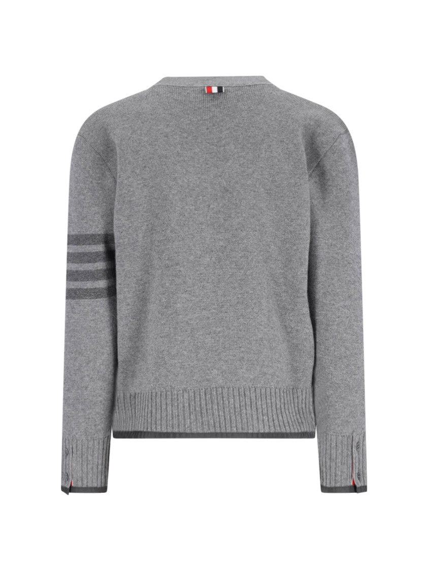 Thom Browne Grey Cardigan With V-Neckline And Signature Stripes