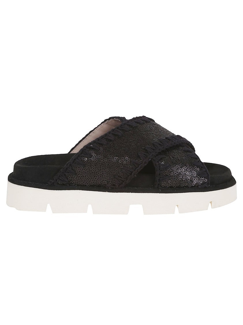 Mou Black Leather Sandals With Textured Upper
