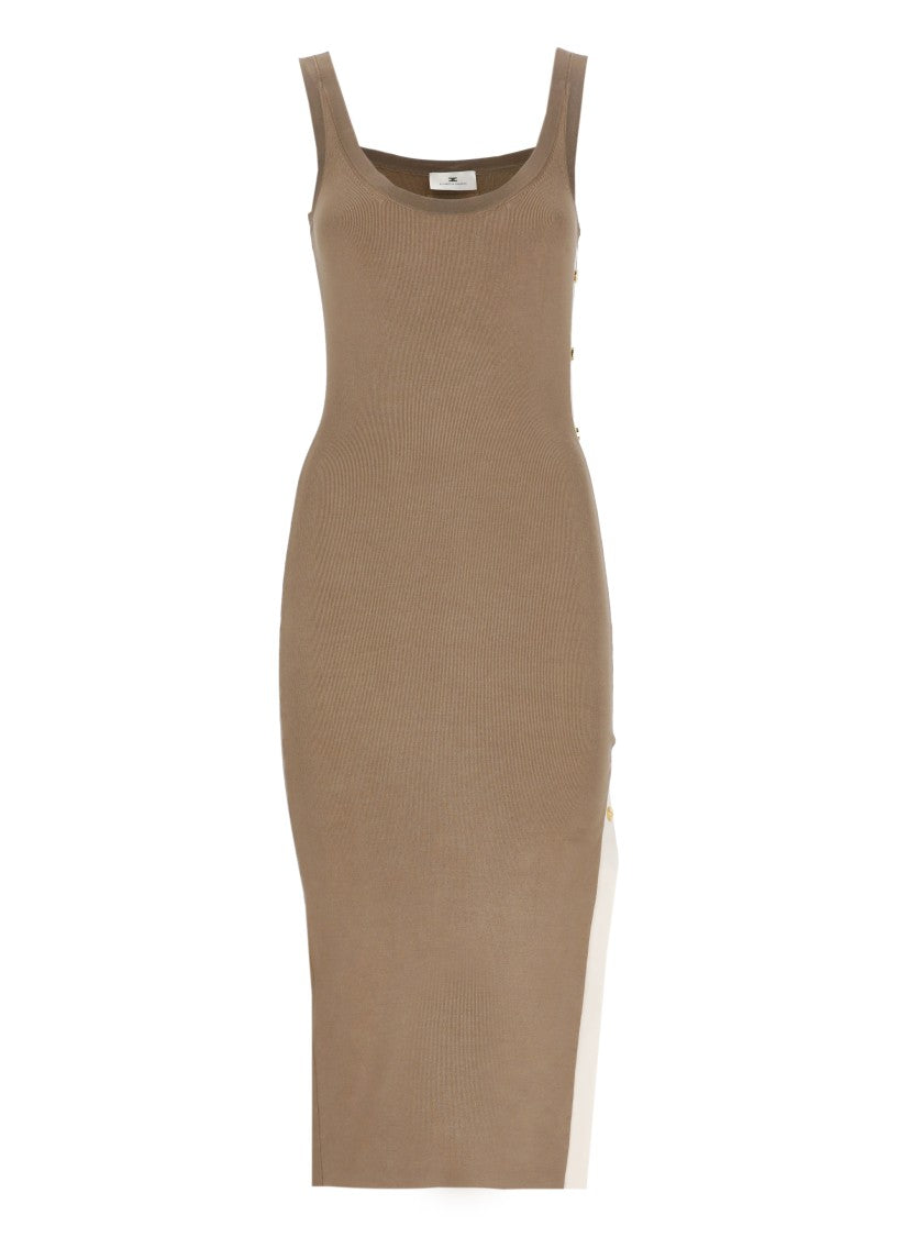Elisabetta Franchi Fitted Midi Dress With Contrasting Side Band And Logoed Metal Details