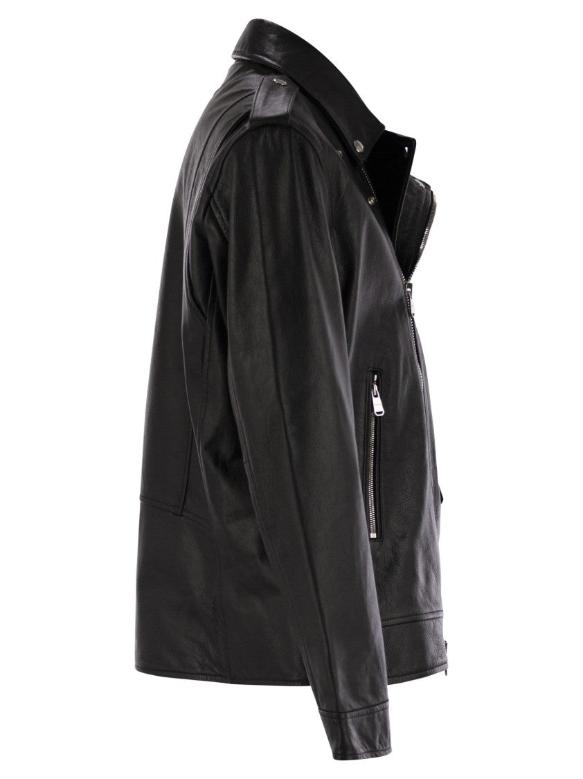 Dondup Black Biker Jacket In Nappa Leather