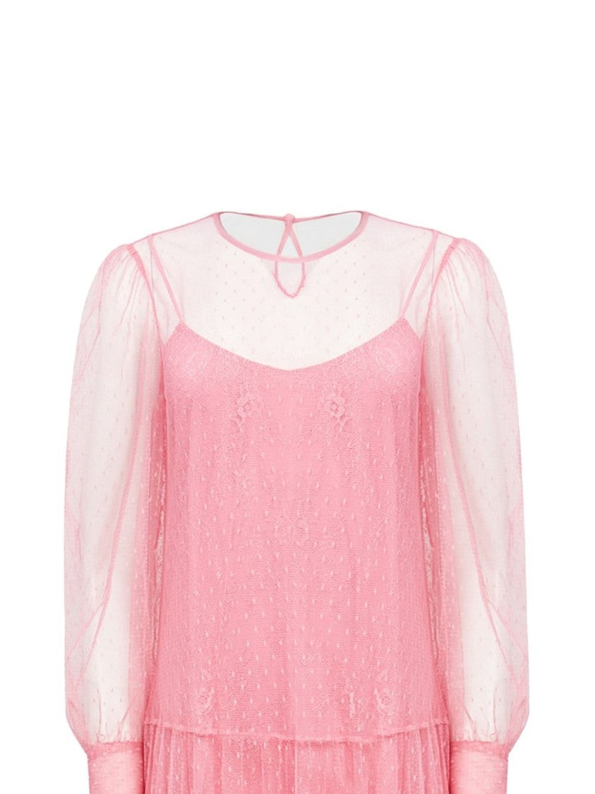 Twin-Set Tiered Midi Dress With Sheer Puff Sleeves