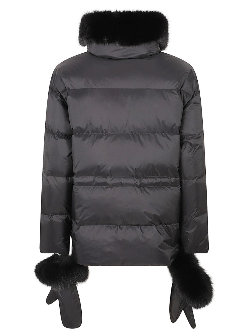 Yves Salomon Puffer Coat With Fur Trim And Front Zip Closure