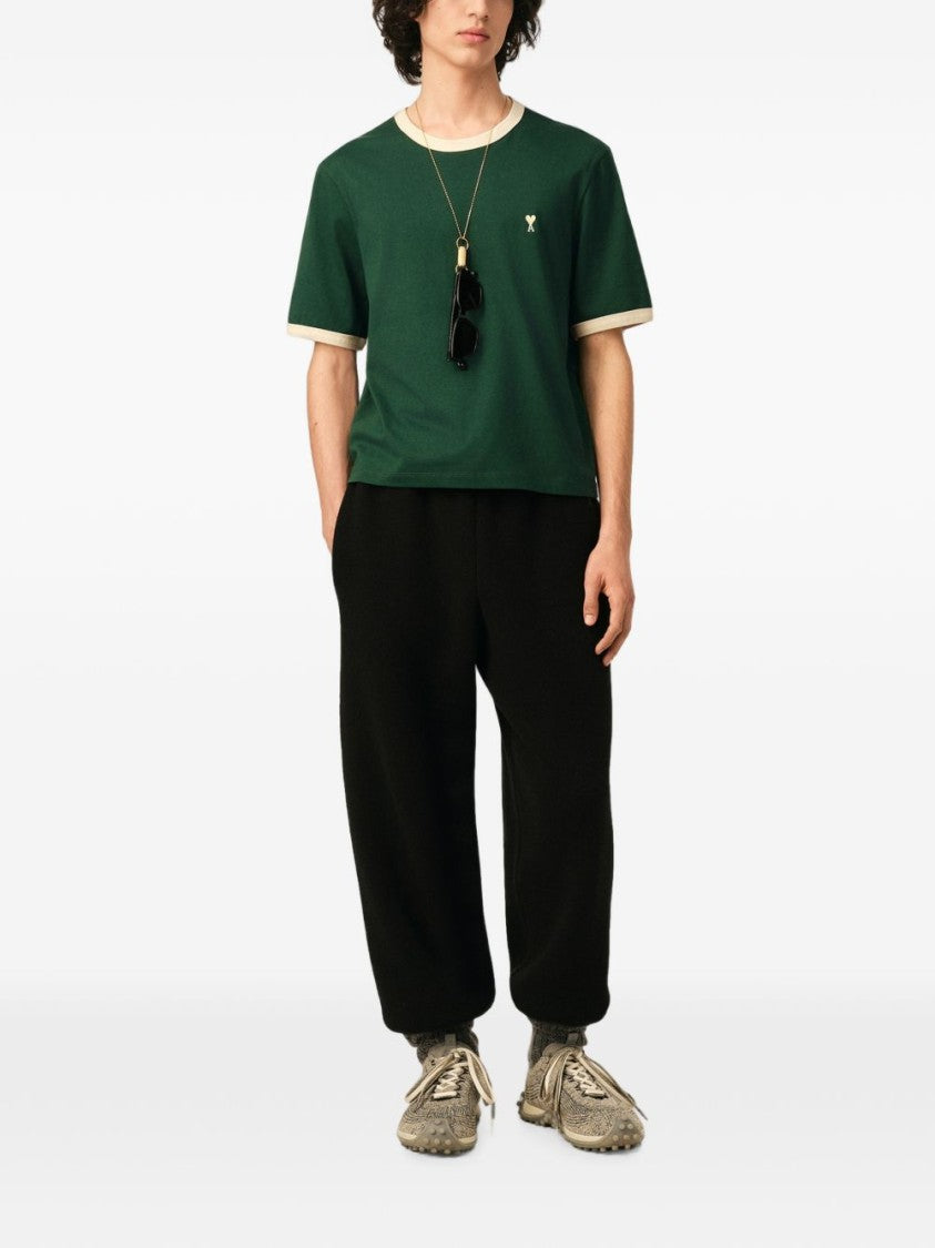 Ami Paris Cropped T-Shirt With Cream Ribbed Trims And Embroidered Logo