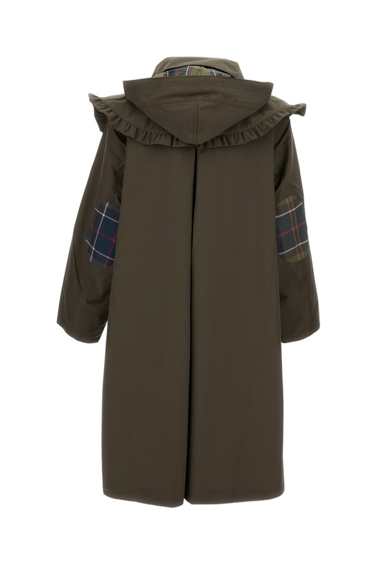 Barbour Military Green Parka With Distinctive Ruffled Collar And Tartan Lining