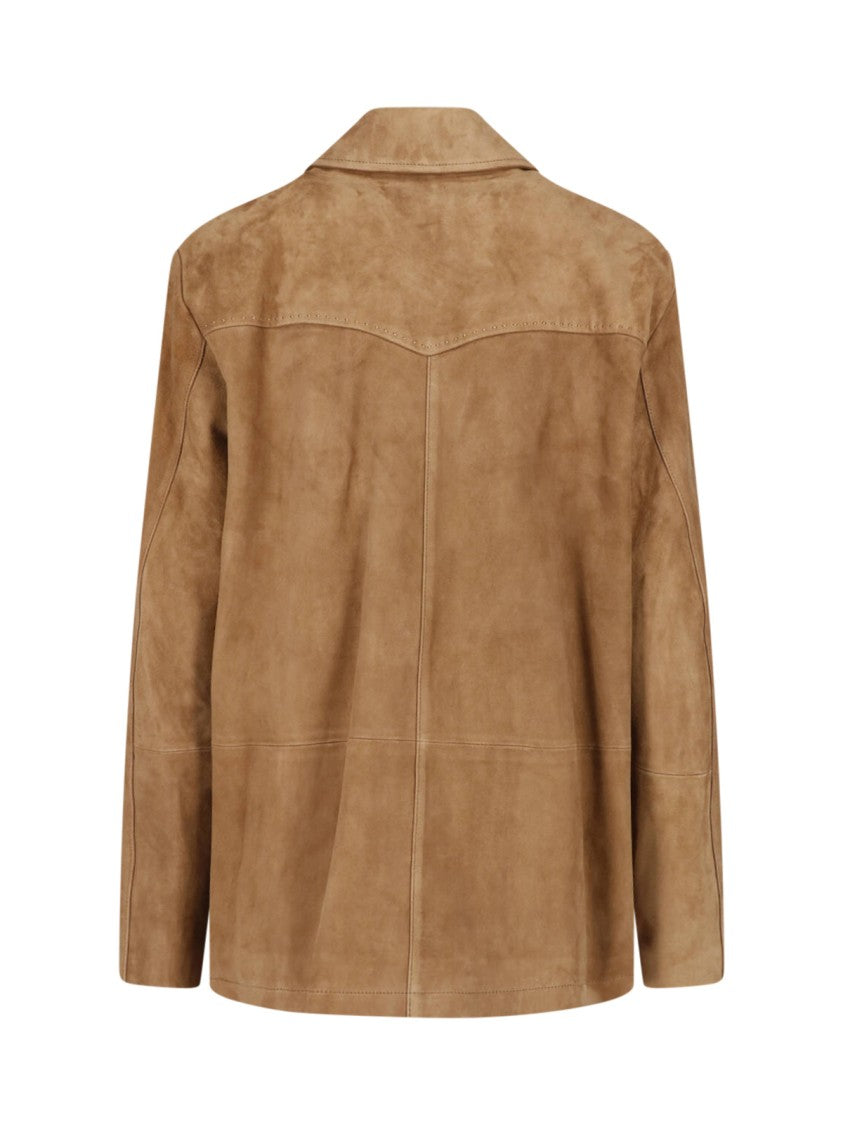 Low Classic Brown Classic-Collar Button-Up Suede Jacket