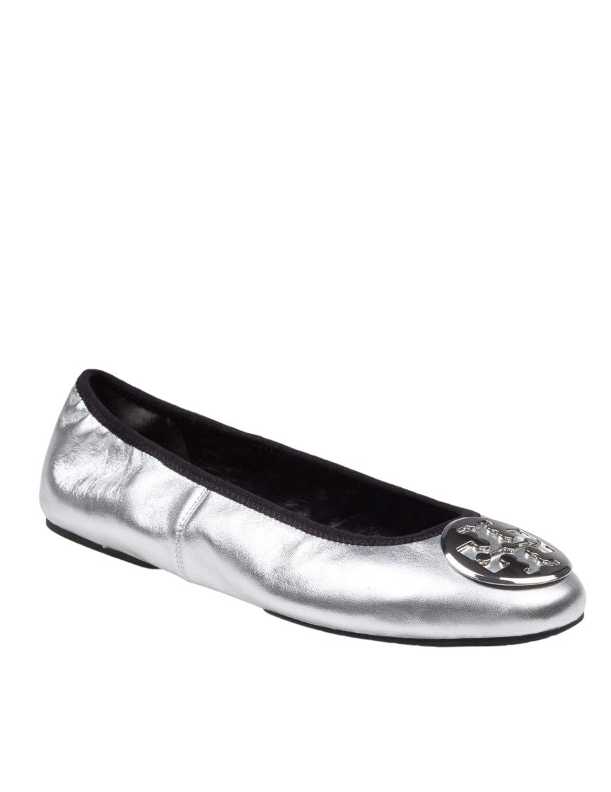 Tory Burch Reva Travel Leather Ballerina Flats In Silver