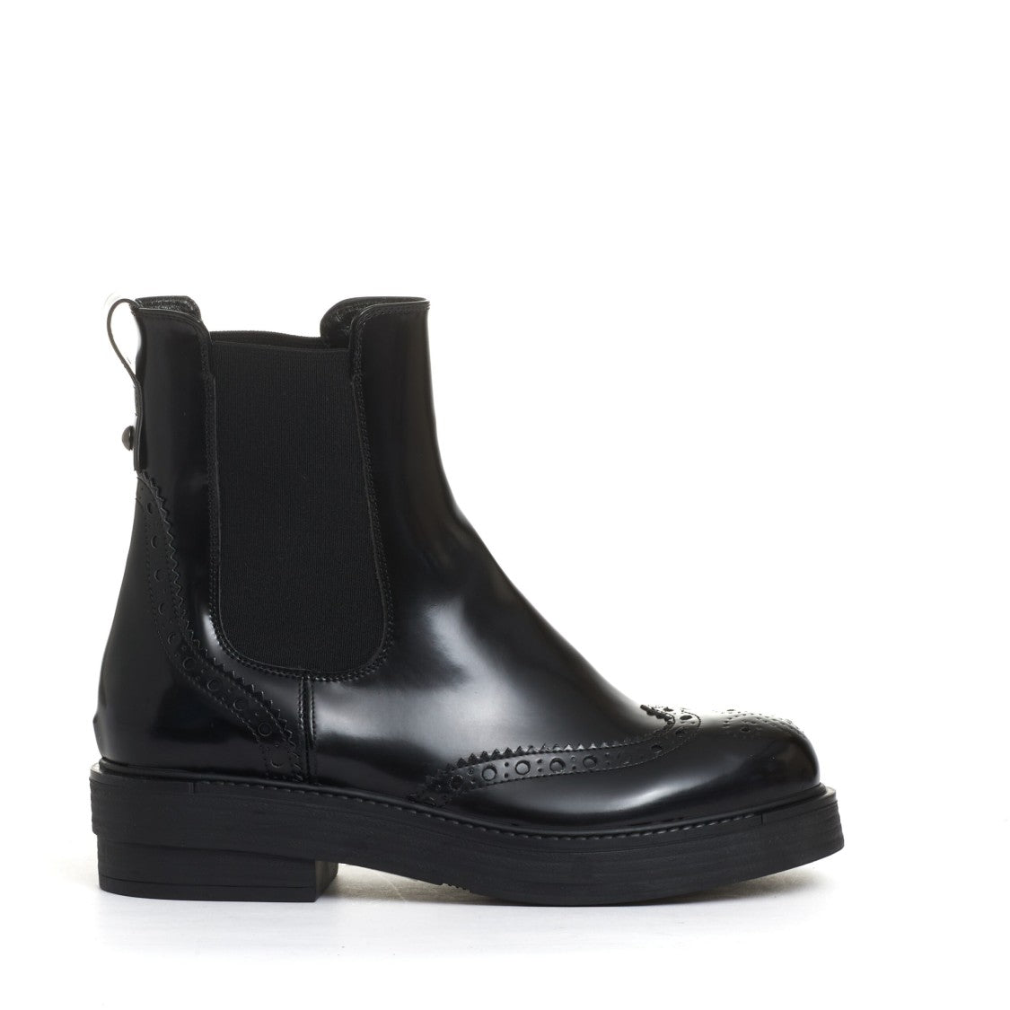Strategia Black Leather Ankle Boots with Brogue Detailing