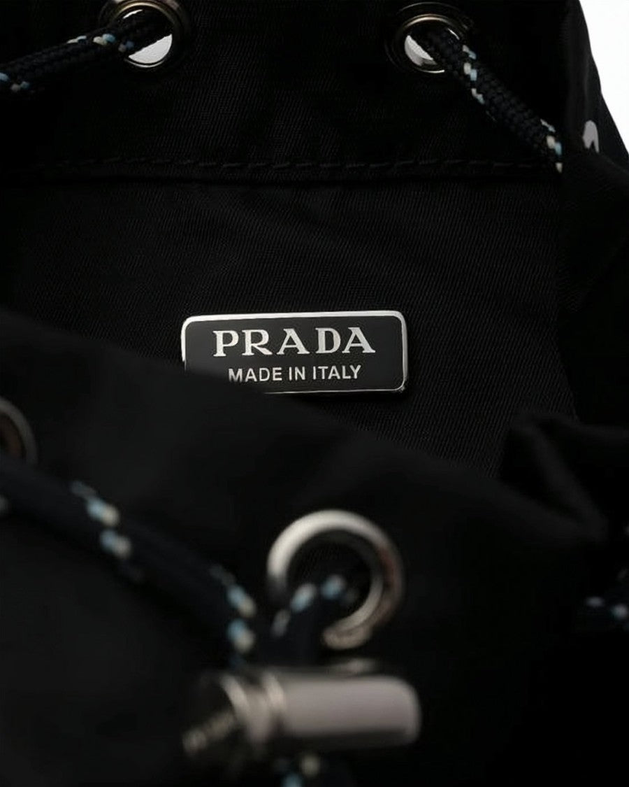 Prada Sleek Black Polyamide Drawstring Pouch With Metal Accents