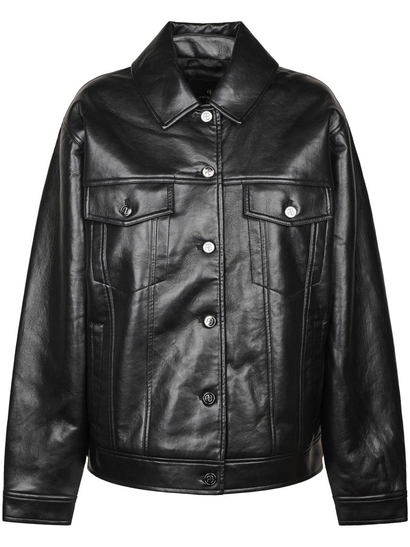 Anine Bing Rory Metallic Detail Glossy Leather Jacket