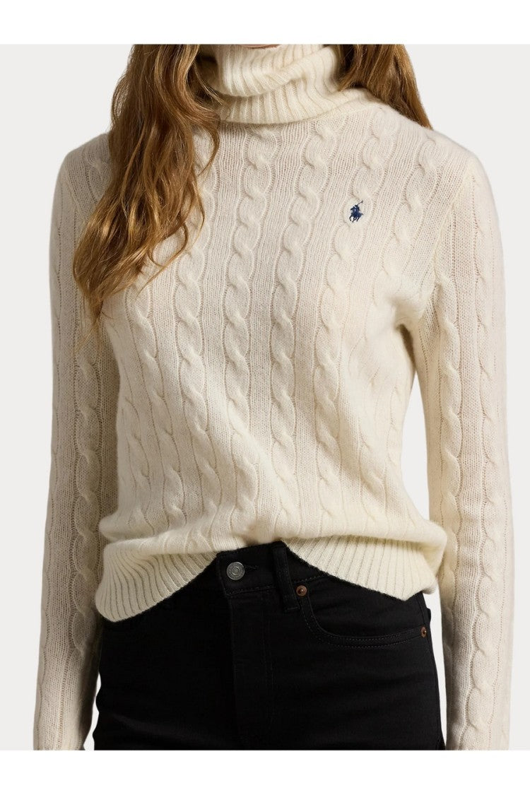 Polo Ralph Lauren Cream Wool-Cashmere Cable-Knit Turtleneck