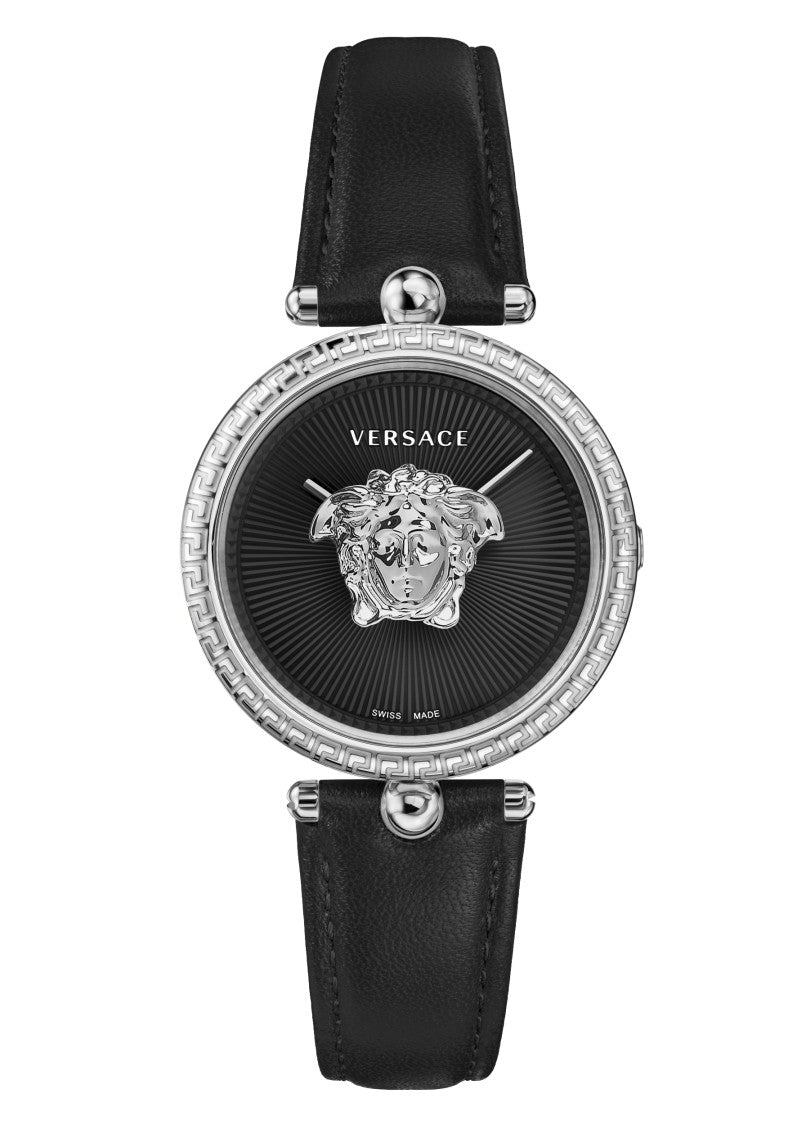 Versace Palazzo 34 Mm Stainless Steel Watch With Black Dial And Leather Strap
