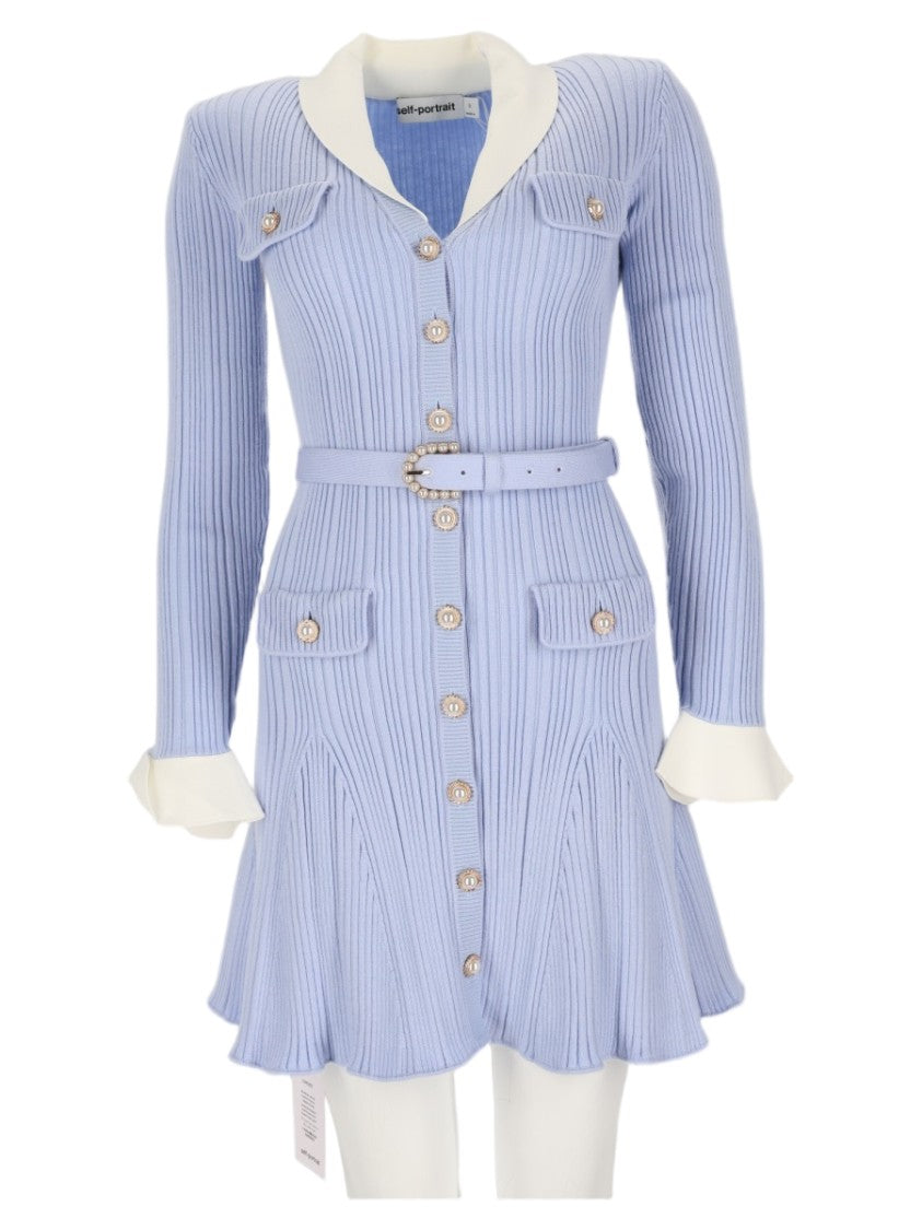 Self-Portrait Ribbed Mini Dress With Belted Waist And Flared Skirt