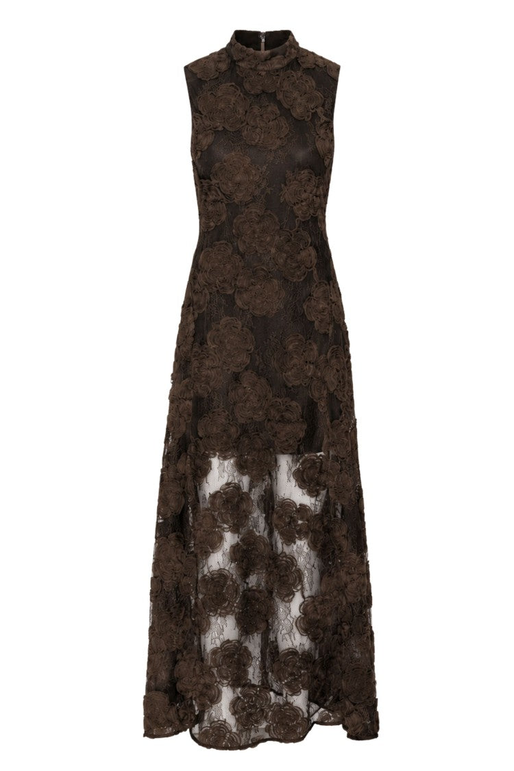 Rotate Brown 3D Floral High Neck Semi-Sheer Maxi Dress
