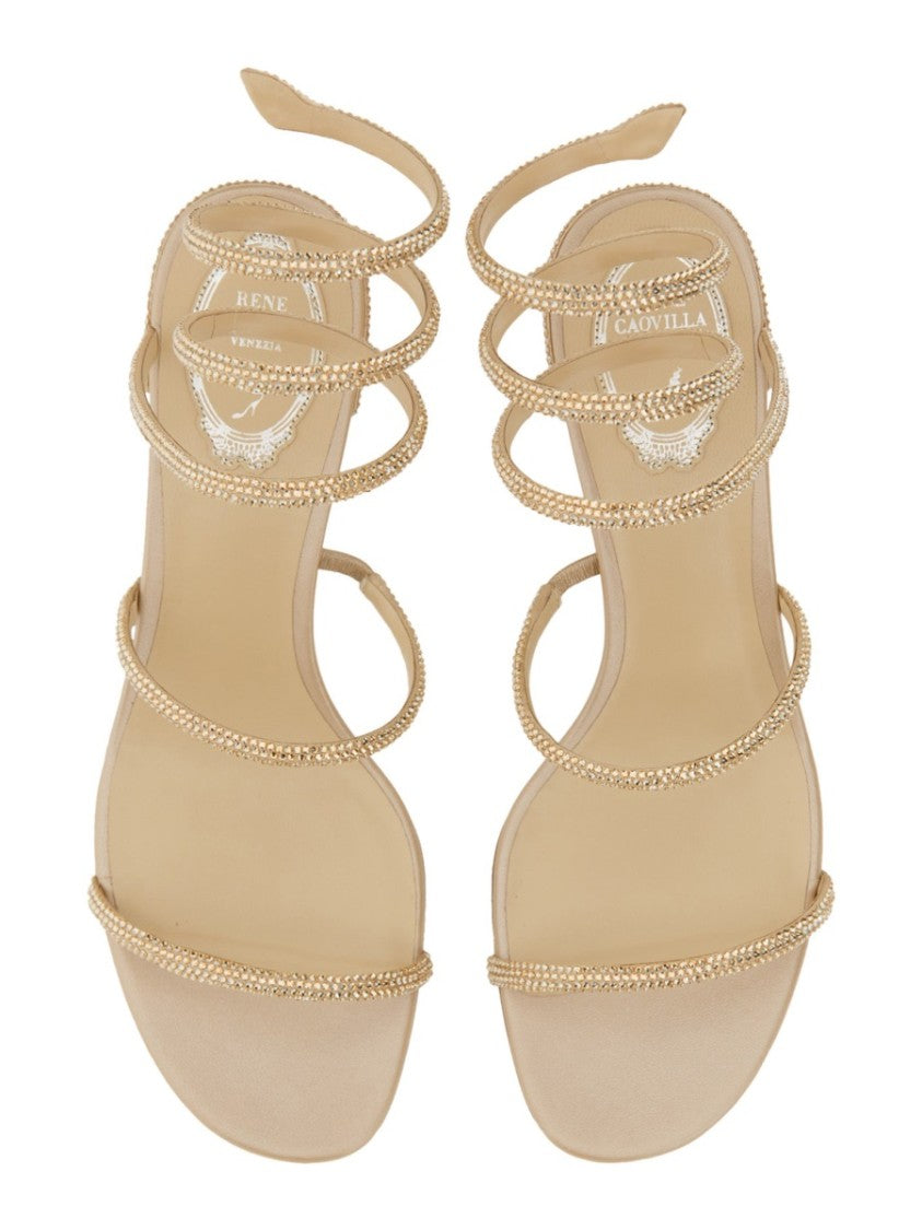 René Caovilla Gold Cleo Embellished Leather Sandals