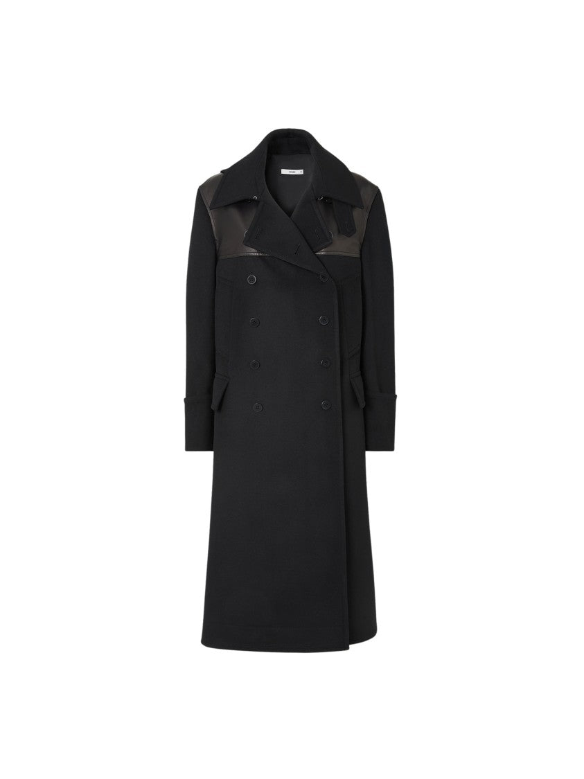 Fendi Black Double-Breasted Leather Yoke Virgin Wool Trench Coat