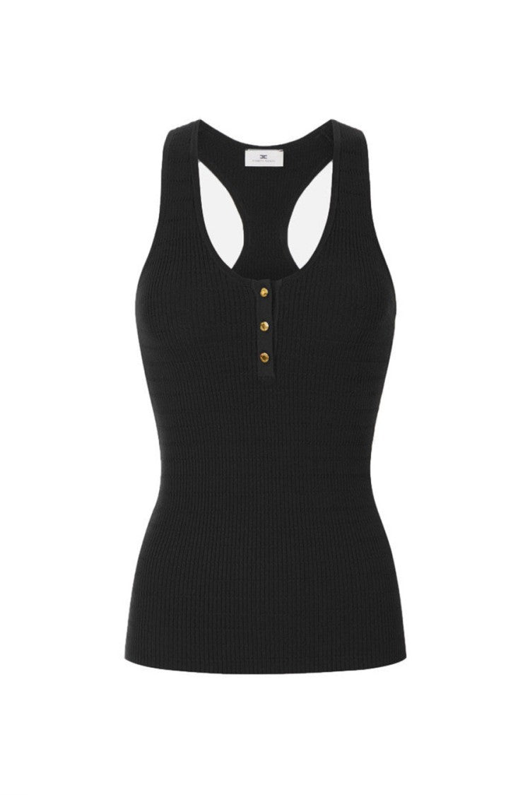 Elisabetta Franchi Black Ribbed Racerback Partial Button Placket Lyocell-Silk Tank Top