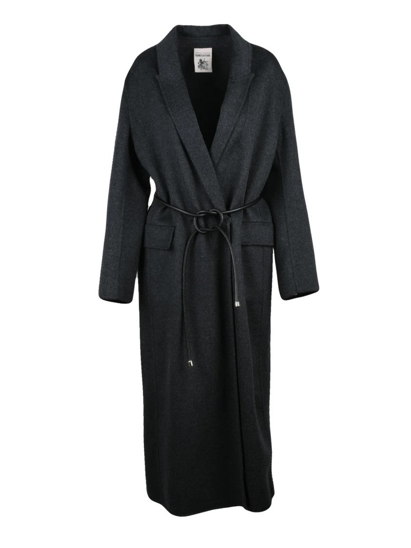 Semi Couture Grey Wool Double-Breasted Long Coat