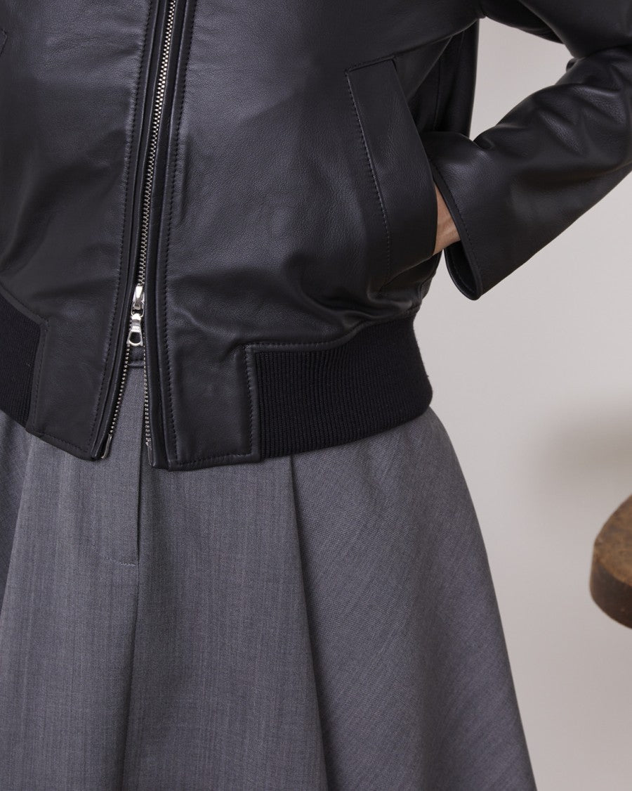 Officine Generale Boxy Black Leather Bomber Jacket