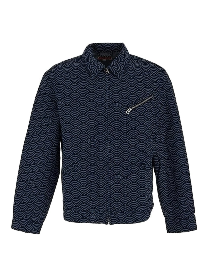 Kenzo Cropped Denim Jacket With Wave Pattern And Zippered Pocket