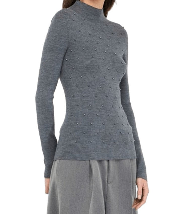 Liu Jo Medium Grey Melange Fitted Knit Top With Beaded Detailing