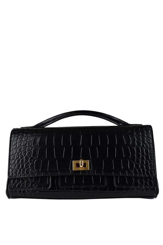 Balenciaga Black Crocodile Leather Bel Air Clutch Bag