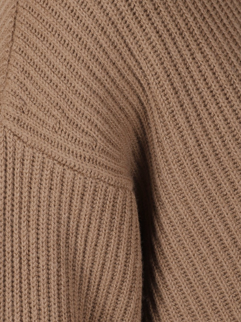 Max Mara Ribbed Knit Sweater With V-Neckline And Attached Hood