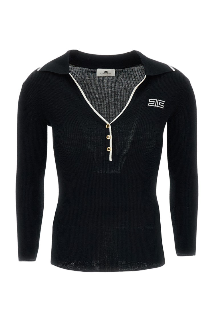 Elisabetta Franchi Black Stretch V-Neck Ribbed Knit Top