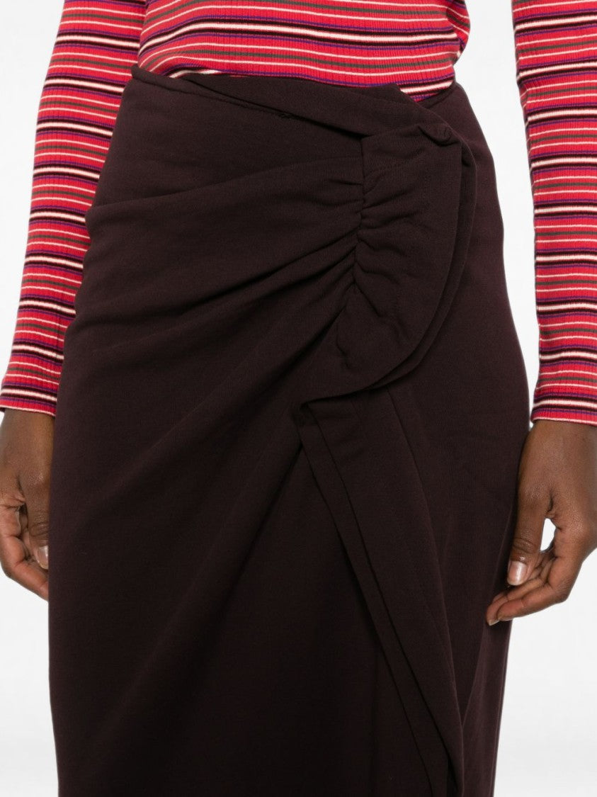 Dries Van Noten Burgundy Ruched Asymmetrical Wrap Midi Skirt