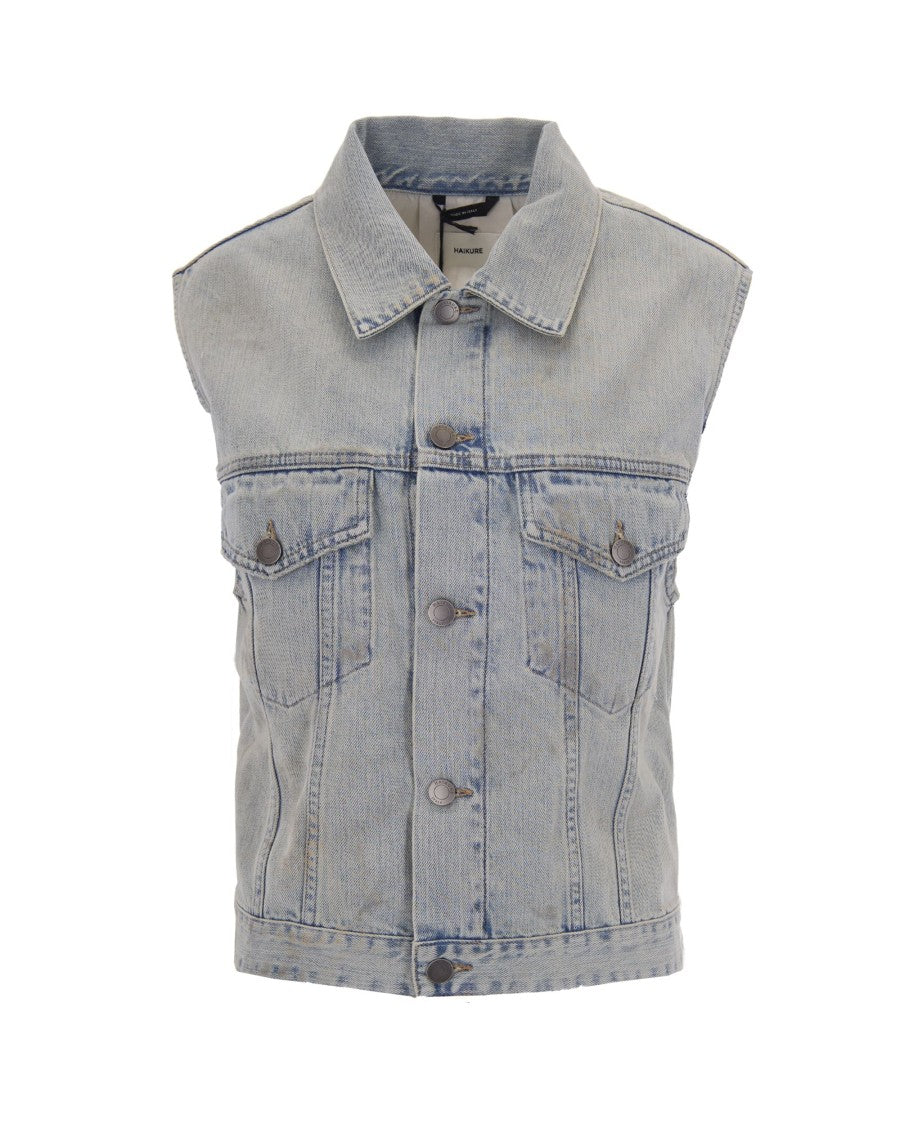 Haikure Sleeveless Denim Gilet With Button Closure And Distressed Hem