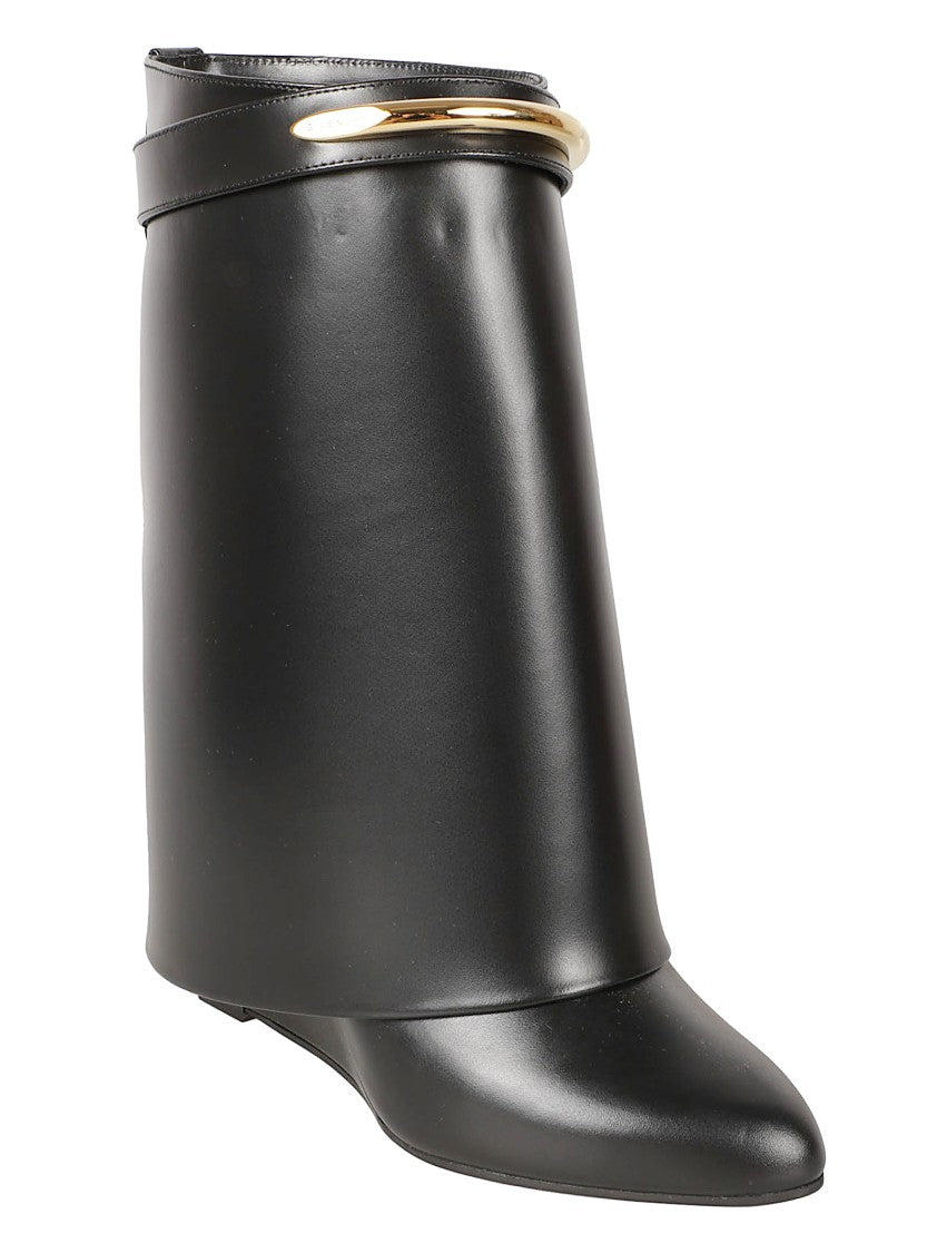Givenchy Pointed Toe Black Calf Leather Boots With Flared Wedge Heel
