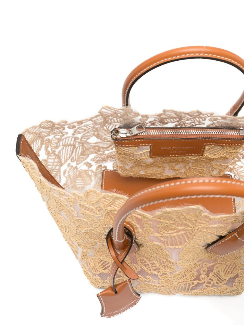 Ermanno Scervino Beige Shopper Tote With Lace Floral Embroidery And Leather Accents