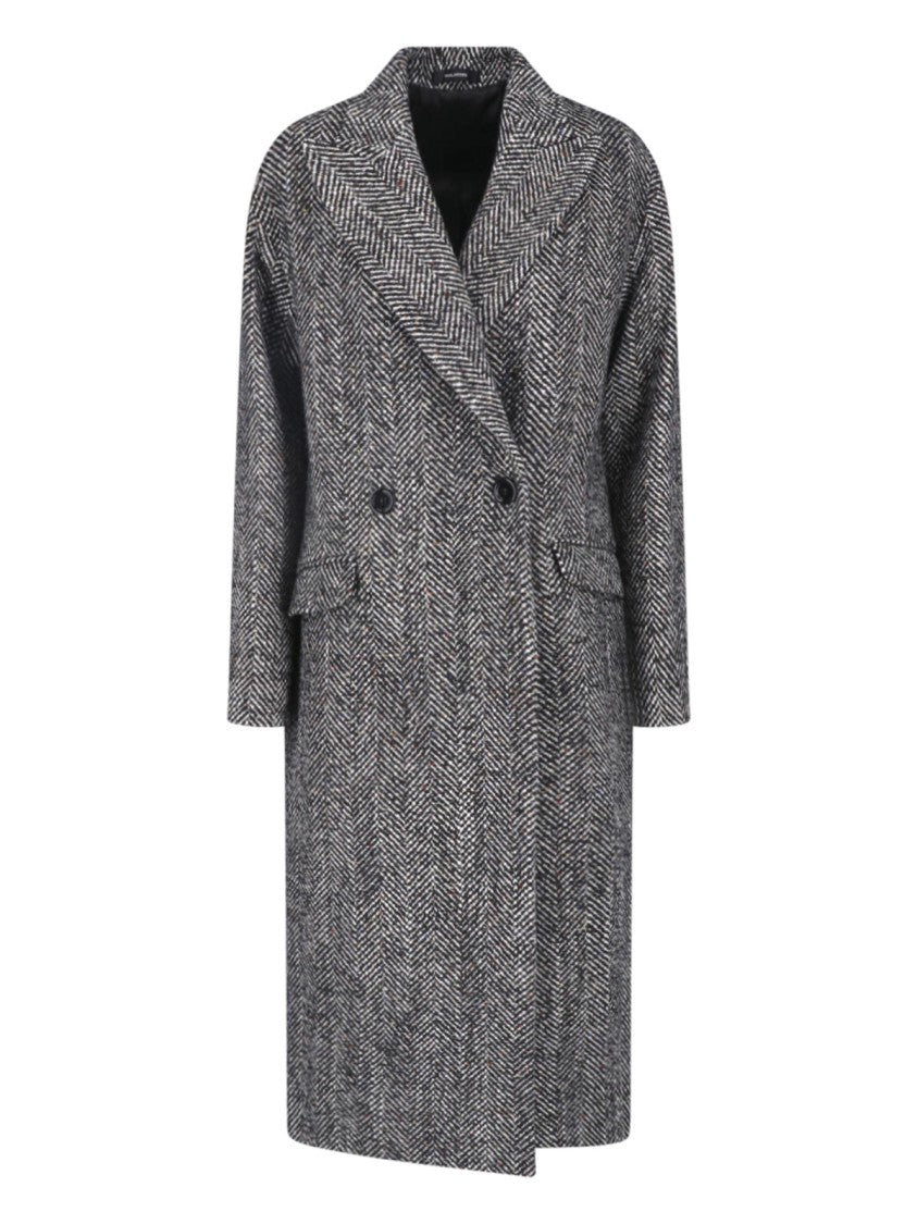 Tagliatore Double-Breasted Black Herringbone Coat With Pointed Lapel