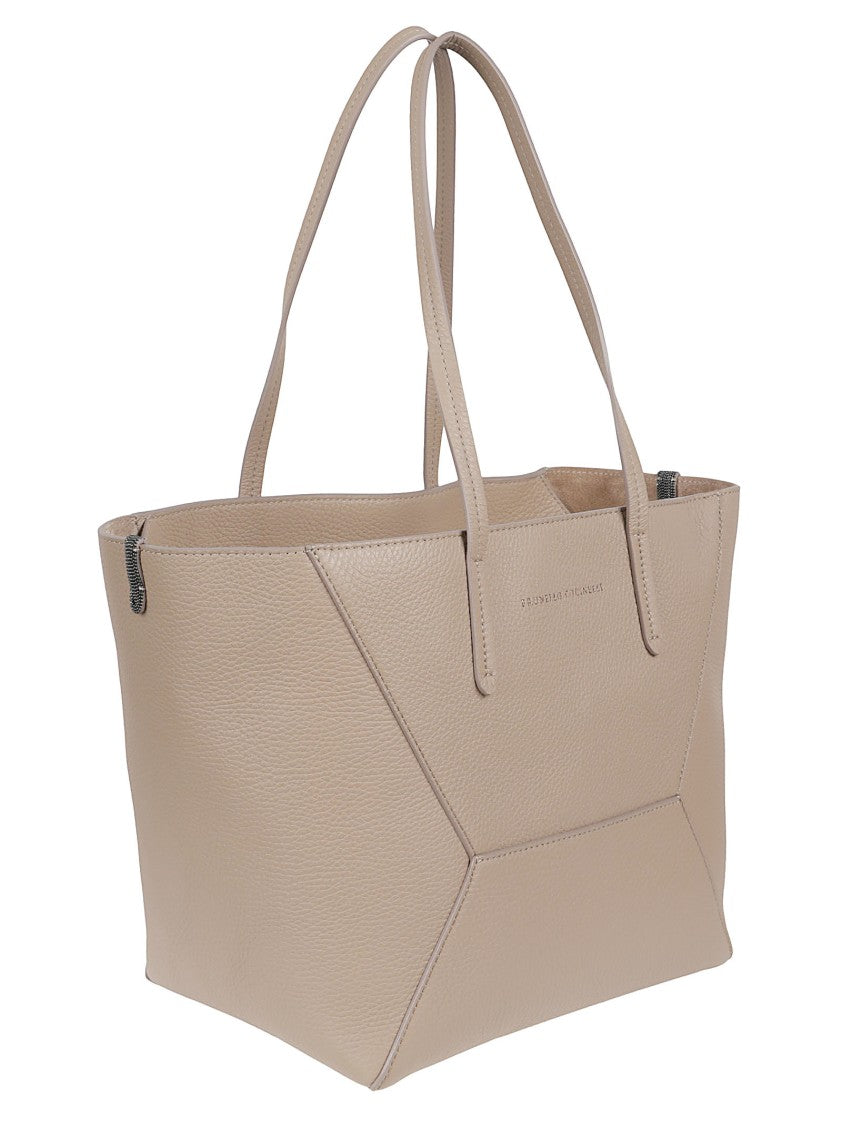 Brunello Cucinelli Textured Leather Tote Bag With Chain Detail And Logo Print
