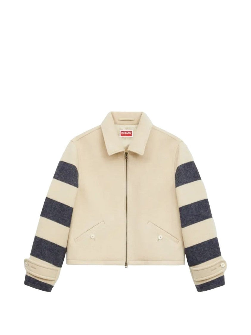 Kenzo Cropped Beige Jacket With Striped Sleeves And Classic Collar