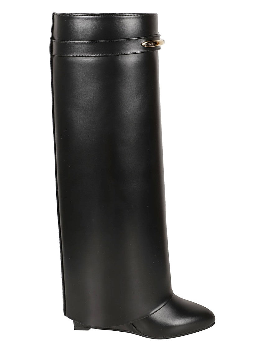Givenchy Structured Black Calf Leather Boots With Gold Accent