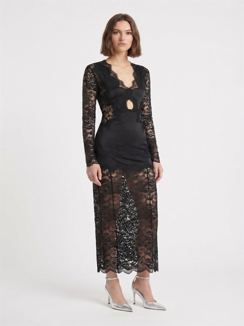 Rabanne Black Long All-Over Lace Flared Polyamide Long Dress