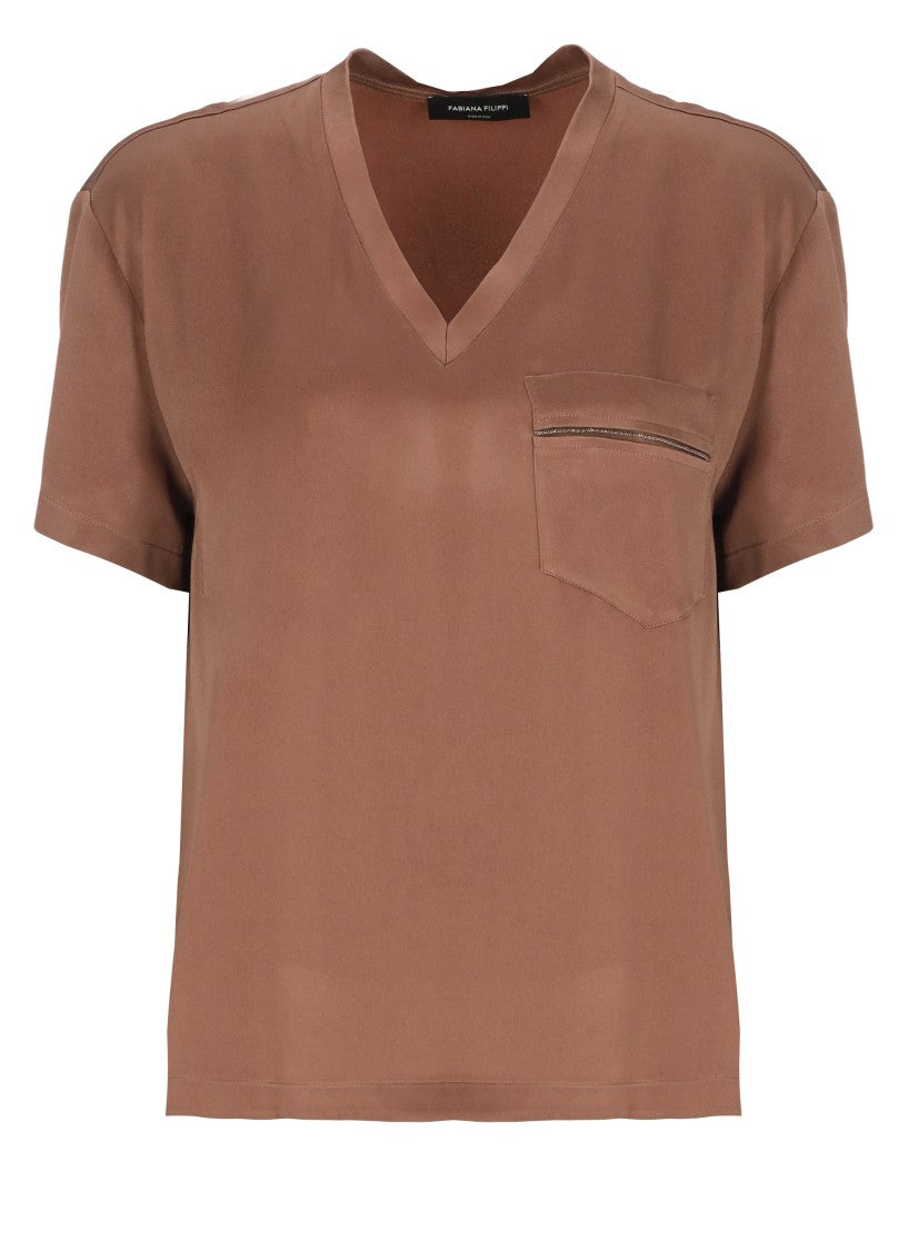 Fabiana Filippi Brown Lightpoint Detail V-Neck T-Shirt